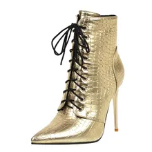 Золотистые ботинки; женские ботинки; Женская обувь в европейском стиле; Ботинки martin; Модные ботильоны на высоком каблуке