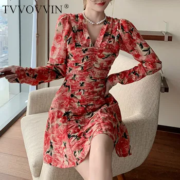 

TVVOVVIN Autumn 2020 New Spring High Quality Casual A-Line Printing Long Sleeve Draped V-neck Temperament Women Dress 7R7L