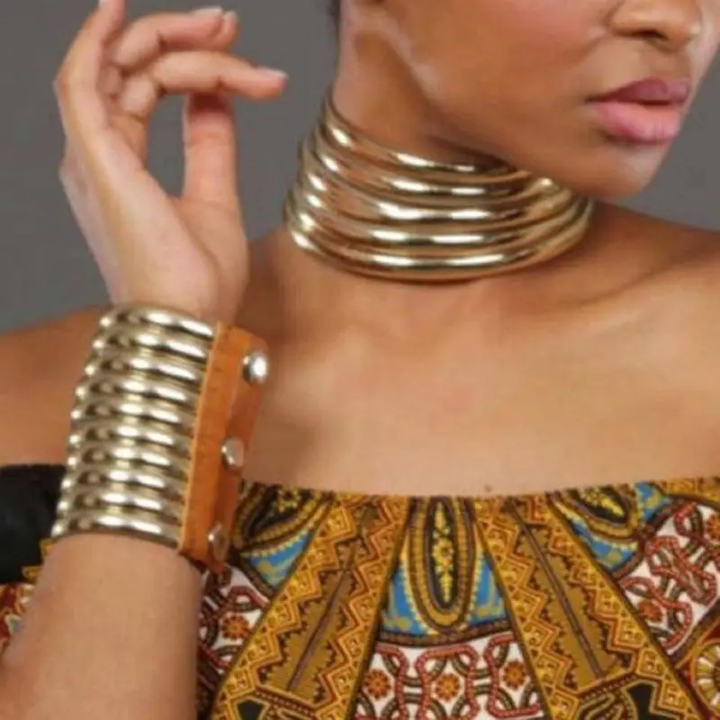 Металлические золотые Okoye оснастки массивные кожаные ошейники с высоким воротом чокер африканские ювелирные изделия