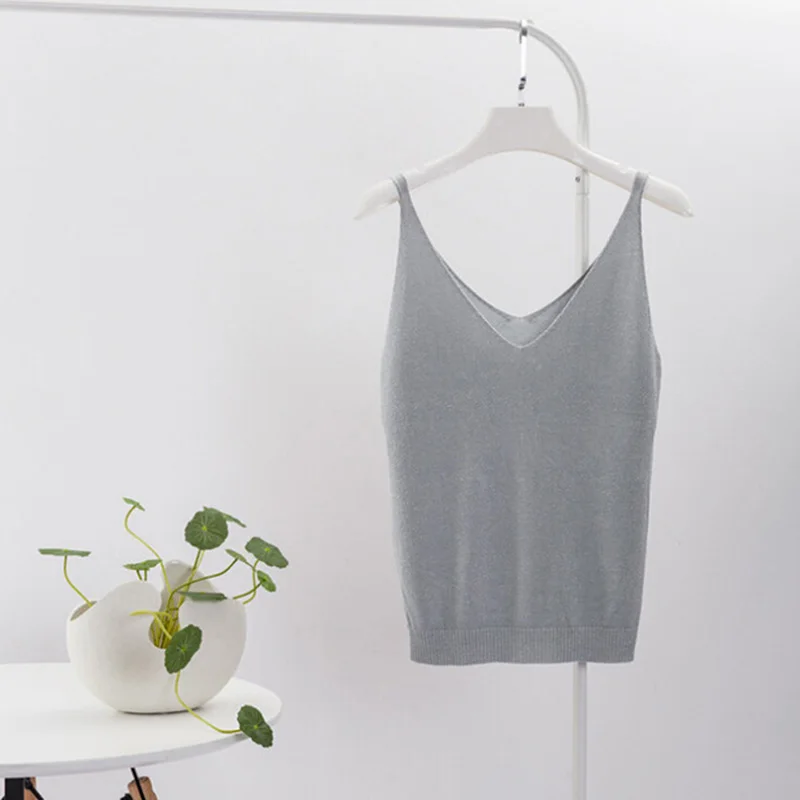 grey Женские Модные майки, Женские однотонные майки с v-образным вырезом, Тонкий Модный яркий Шелковый жилет для женщин - Цвет: grey
