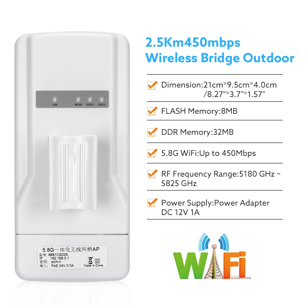 Kit Ponte Wifi sem Fio para Acesso ao ar Livre Transmissor de Longo Alcance Transmissor Cpe Antena 14dbi Suporta 2.5km 5.8g 450mbps Pcs - Imagem 4