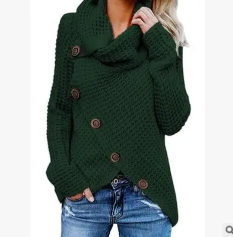 Осенне-зимний женский свитер пальто модный трикотаж пять пряжек Высокий воротник пуловер Однотонный женский свитер 10 цветов 8 ярдов - Цвет: Dark green