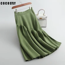 Зимняя юбка зеленая Гибкая эластичная высокая талия теплая шерстяная трикотажная юбка для женщин плиссированные шерстяные юбки Mujer