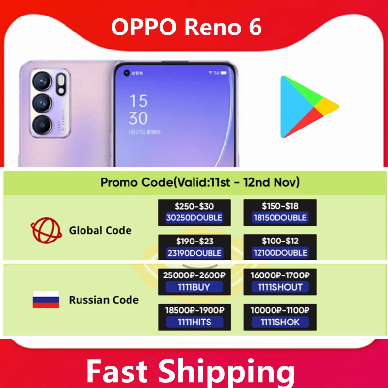Official OPPO Reno 6 5G SmartPhone 6.4'' OLED 90Hz Screen 65W Super Charge 4300mAh Battery 64MP Main Camera Google Play Store |