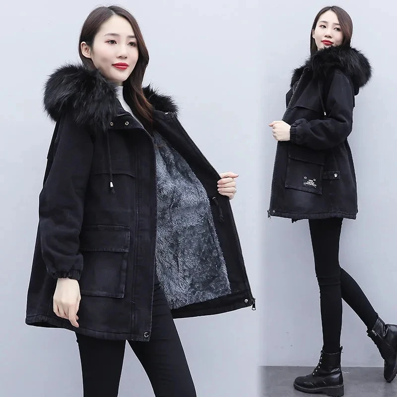 

Black Denim Jacket Women Plus Velvet Warm Parkas Winter Coat Korean Loose Hooded Outwear With Fur Collar Woman Casual Jeans Coat