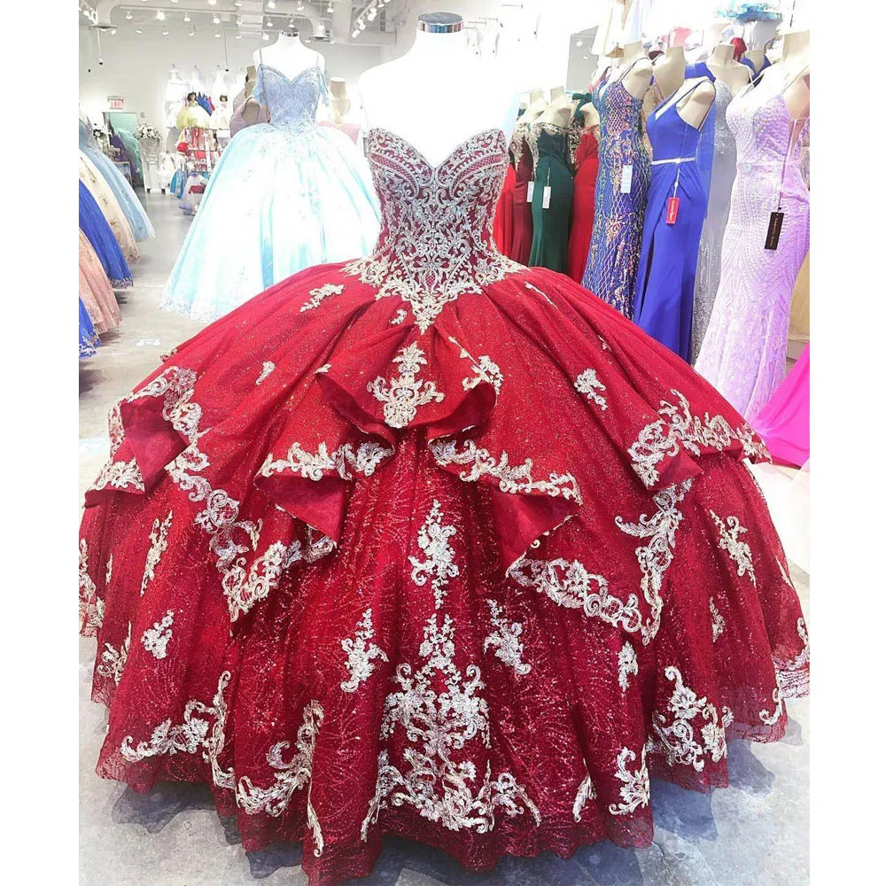 Quinceanera Dress Bling Sequins Tulle Ball Gown Prom Sweet 16 Dresses Dark Red Gold Embroidered Applique Beaded Ruffle Skirt