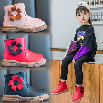 

Big Children Winter Red Black Pink Boots Kids Girls School Plush Pu Leather Martin Ankle Snow Boots Princess Shoes Shoe Flats