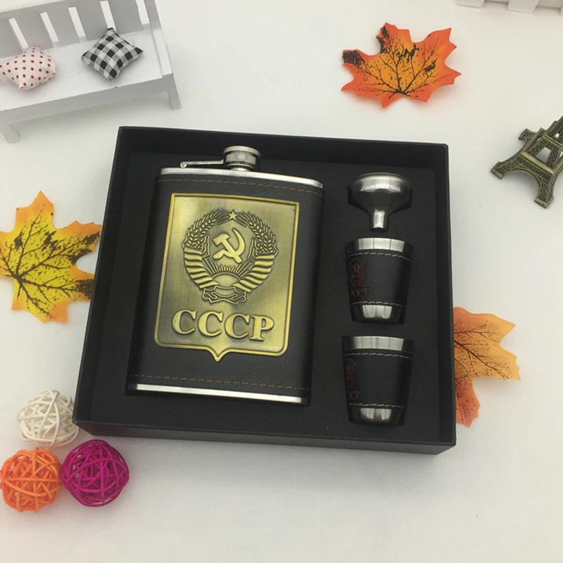 8oz Pocket Portable Hip Flask Stainless Steel Flagon Whiskey Wine Pot Bottle + Funnel + Cup With Fift Box Set Men Alcohol Bottle