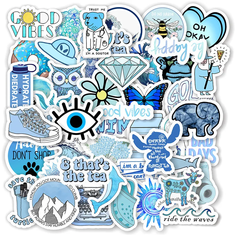 

50 Pieces Blue Cute Fashion Luggage Computer Decorative Cups PVC Waterproof Toy Stickers