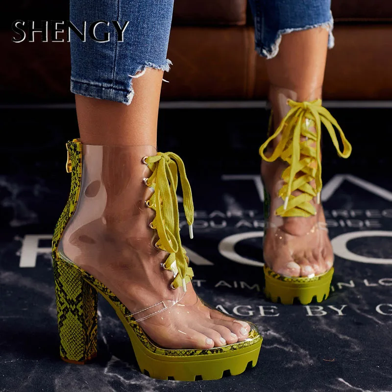 

2020 Nightclub Spring Transparent Platform High Heels Serpentine Women High Heels Heels PVC Lace Up Pumps Party Wedding Shoes