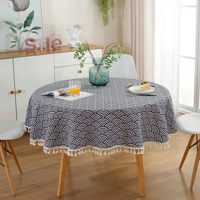 Proud Rose Japanese Style Tablecloth Simple Cotton Linen Tablecloth Round Plain Solid Color Light Gray Navy Blue Tassel Meal Cov Style 6