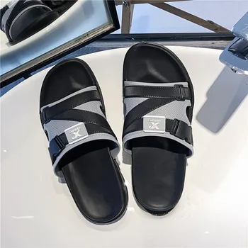 

Summer Beach Slippers Men Blue Gray Man Slide Flip Flops Mesh Breathable Leisure Men Slippers Non-Slip Outdoor Mens Beach Shoes