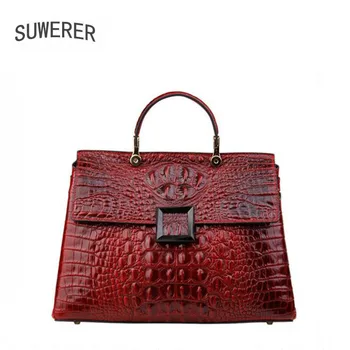 

SUWERER Crocodile Pattern Real Cowhide Leather Shoulder Bag Women Luxury Handbags Women Bag Designer Famous Brand Female Bag Red