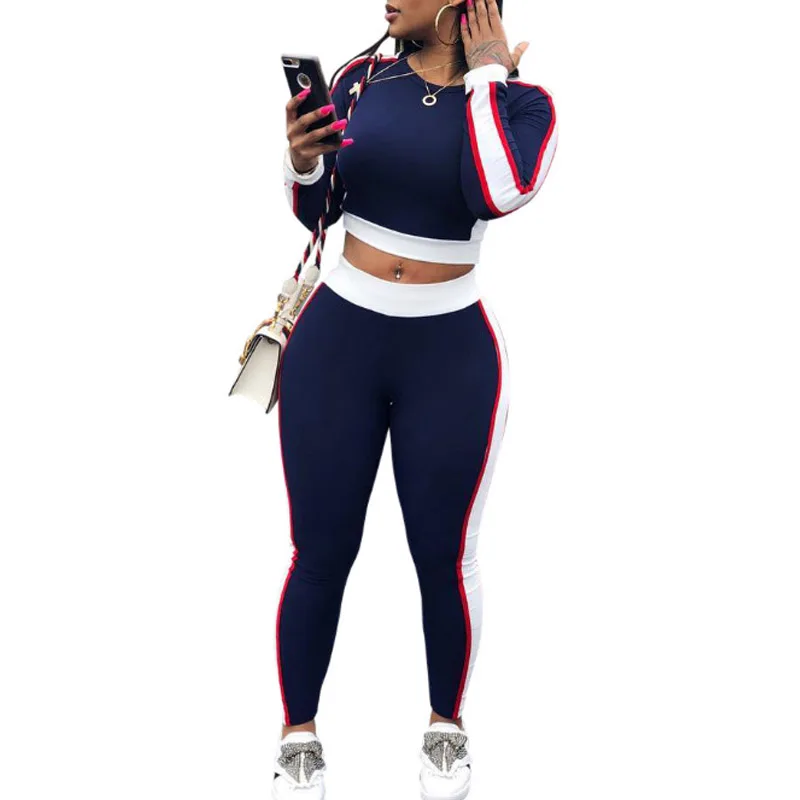 

NORMOV 2019 Solid Color Woman Tracksuit 2 Pieces O-Neck Cotton Plus Size Pullover Female Suit Autumn Casual Slim Stripe Set
