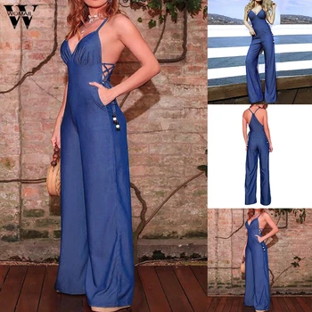 

bodysuit Women Summer Sleeveless Denim Jumpsuit Long Playsuit Elegant pocket Jeans pant Wide Leg Romper Female party Holiday P0