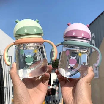 

OAPE 350/450ml Cartoon Hippo Print Cute Plastic Drink Cup Children Portable Handle Anti-choke Straw Water Cup Baby Water Cup