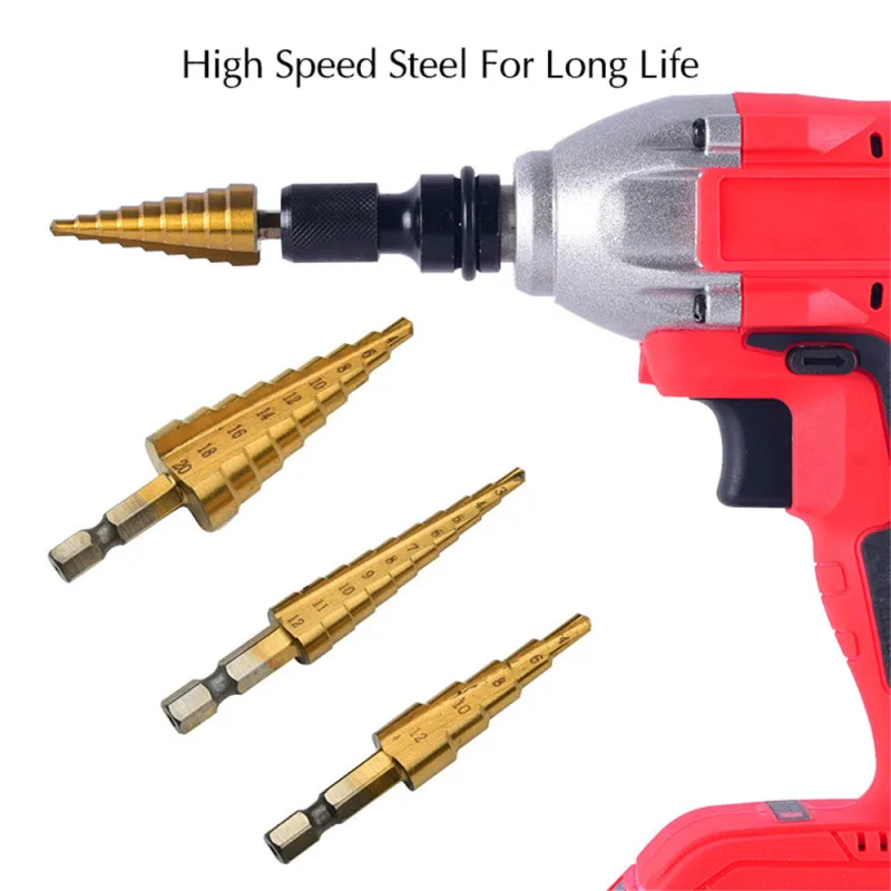 

3PCS Hss Step Cone Taper Drill Bit Set Metal Hole Cutter Metric 3-12 4-12 4-20Mm 1/4 Inch Titanium Coated Metal Hex Taper
