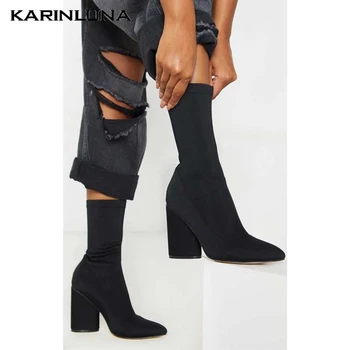 

2020 New Arrivals On Sale shoes Pointed Toe Square Thick Heels Autumn Slip-On Ankle female Boots Stetch Fabric