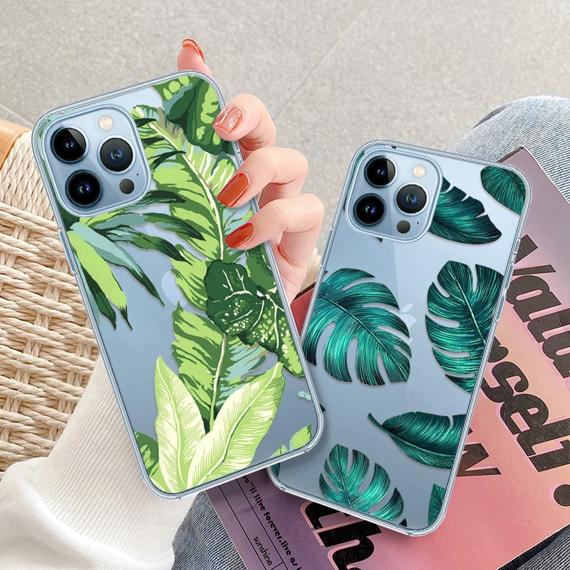 Tropical Green Leaves Clear Case Case for iPhone 13 12 11 Pro Max Mini Soft Silicone Fundes for iPhone X XR XS Max SE 2020 Cover iphone 13 pro max cover