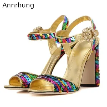 

Colorful Sequin Gladiator Sandals Women New Chic Open Toe Crystal Buckle Block High Heels Party Shoes Glitter Sandalias Mujer