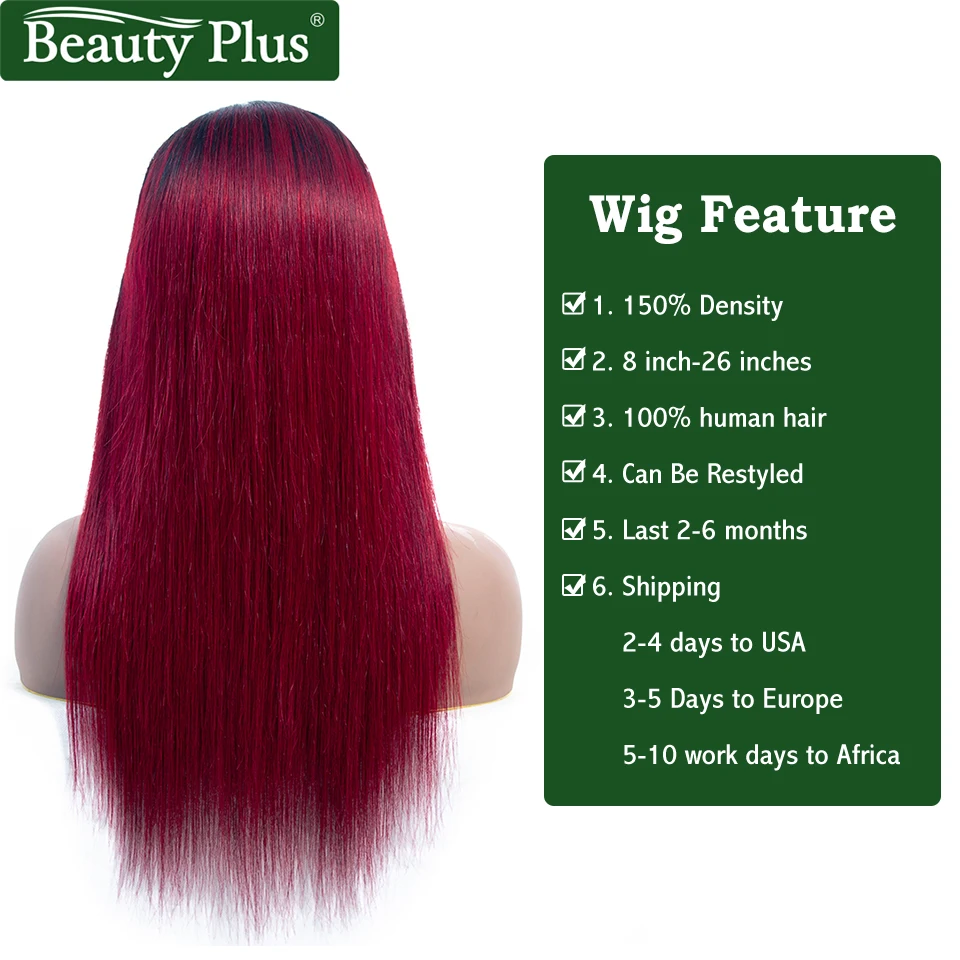 Эффектом деграде(переход от темного к Синтетические волосы на кружеве парики из натуральных волос для Для женщин 150% бесклеевой предварительно окрашенные 1B красный 99J бордовый 13x4 бразильские прямые волосы Синтетические волосы на кружеве парик