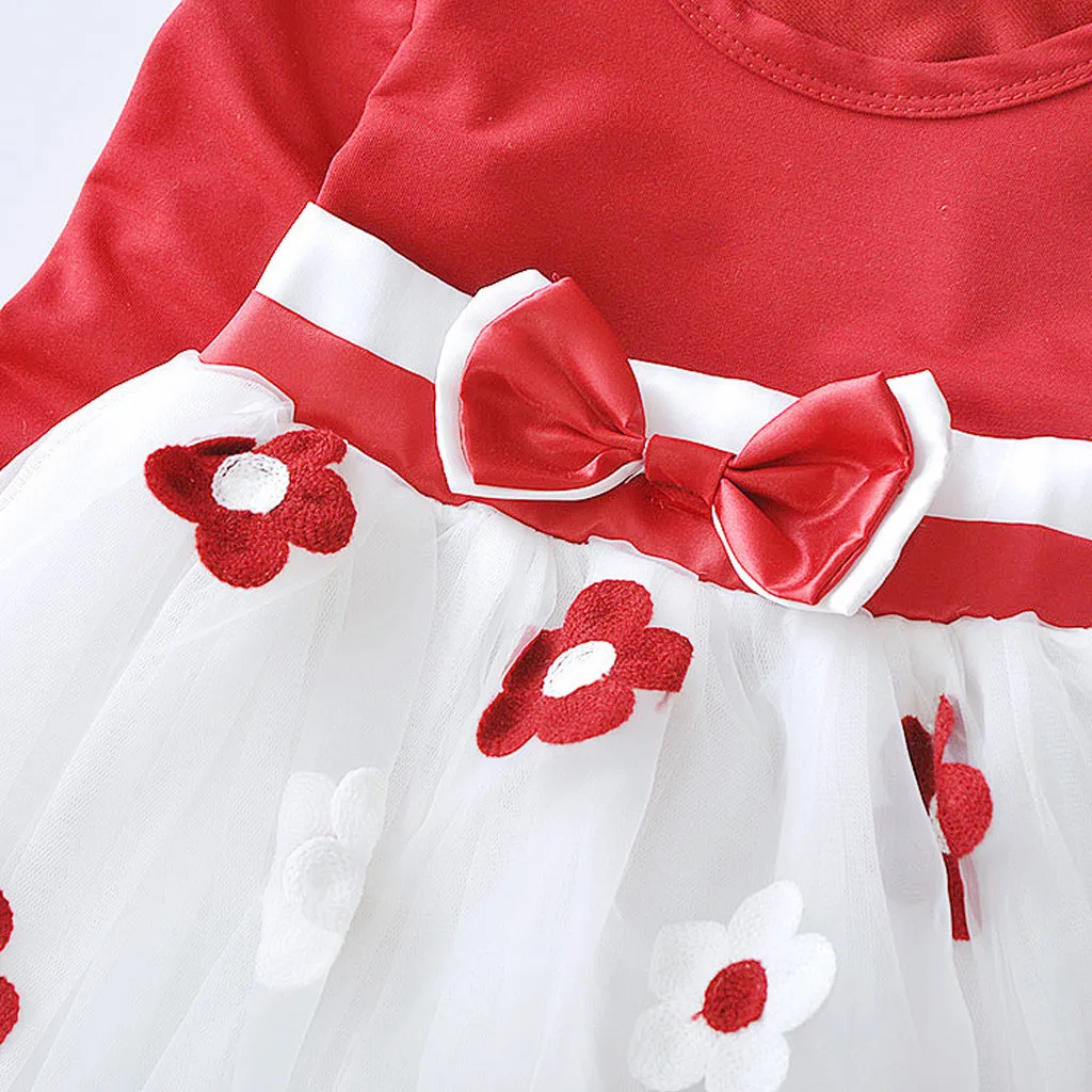 Модное детское платье для малышей платья с длинными рукавами из тюля с цветочным принтом и бантом для девочек хлопковая одежда с круглым вырезом Vestidos Bebe Verano