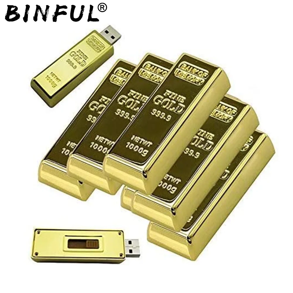 2024 Binful Metal Bullion Gold Bar 128Gb 256Gb Usb Flash Drive Memory Stick Creativo 8Gb 16Gb 32Gb 64Gb Pendrive Muscle Gift