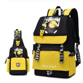 

Action Large Pikachu Backpack with USB Charge Line Student Schoolbag Cute Cartoon Pikachu Couple Bags Quality Canvas Bag Gift
