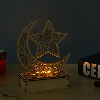 

3pcs Eid Mubarak Desktop Adornment Hollow Wooden DIY LED Accessory Ramadan Festival Decoration For Home