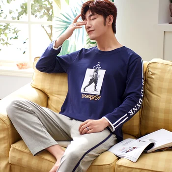 

Men's Pajamas Set Autumn Winter Leisure Elastic Waist Men Sleepwear Cotton Men's Long Sleeve Nightwear Top + Long Pant Homewear