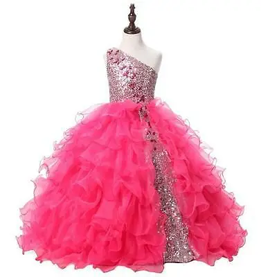 

Pink Flower Girl Dress One-shoulder Beaded Princess Gowns for Party Prom Wedding