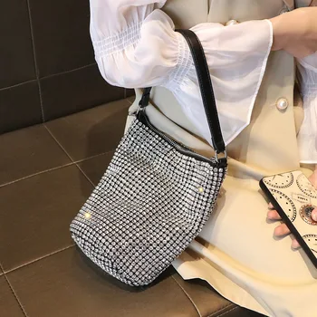 

Women Fashion Handmade Full Rhinestones Soft Leather Shining Bucket Bag Tote Handbag Shining Shoulder Crossbody Bag Party Daily