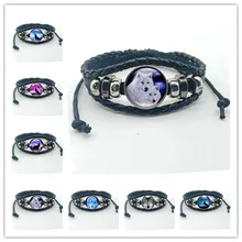 1 шт. модный аксессуар Волк и полная луна черная кнопка кожаный браслет ювелирные изделия круглый стеклянный купольный кабошон подарок кулон