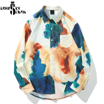 

Lindsey Seader Shirts Men Watercolor Mark Print Shirts Harajuku Casual Full Sleeve Hip Hop Casual Baggy High Street Streetwear