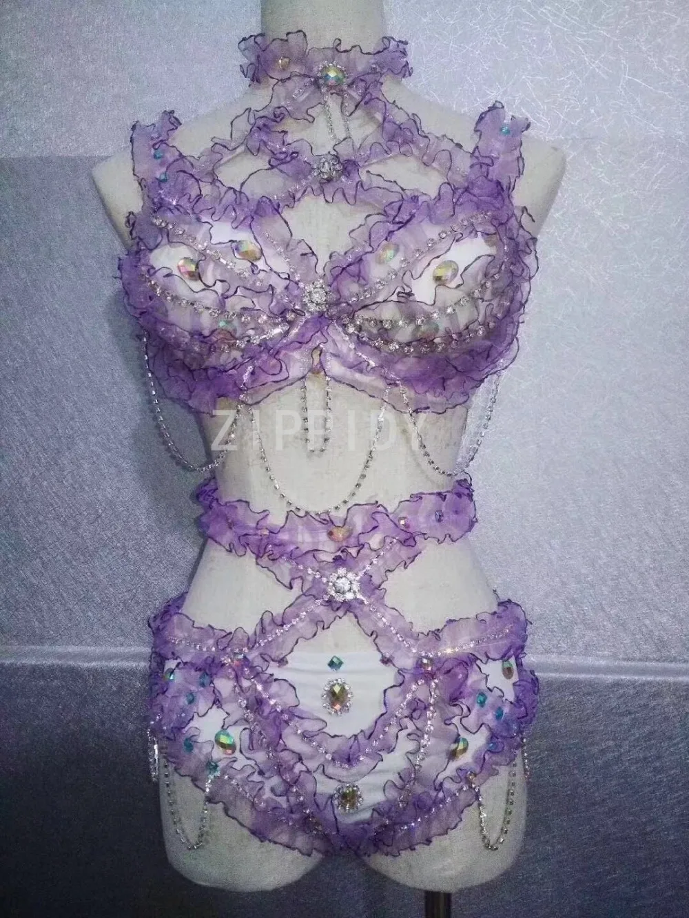 Фиолетовый бюстгальтер со стразами, короткий комплект одежды для ночного клуба, Женский певец, бикини для танцев, женская одежда на день рождения, праздник, выпускной, комплект одежды