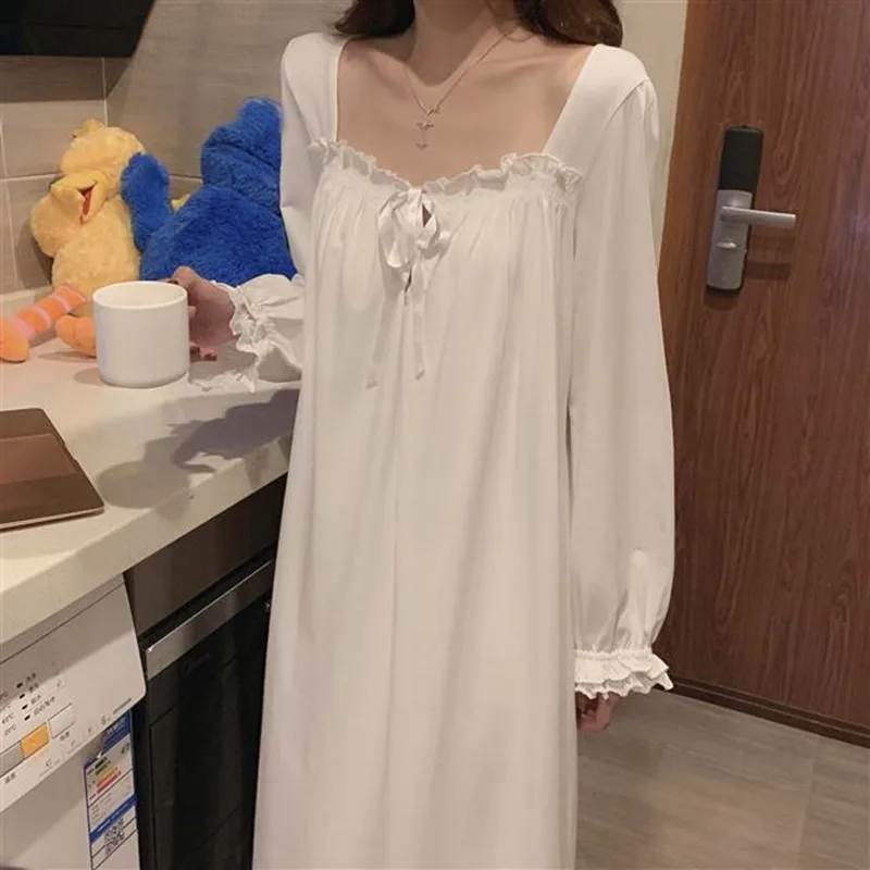 Women Nightgowns Long Sleeve Cotton Sleepwear Dress for Spring Summer