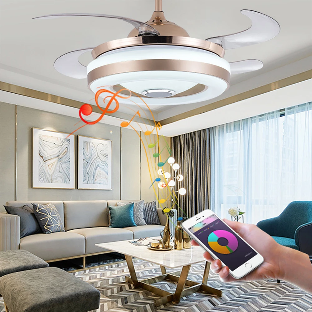 

Bluetooth Music LED Ceiling Fan Lamp Phone APP with Lights Remote Control Singing Double Ring Fans for Restaurant Kid's Room