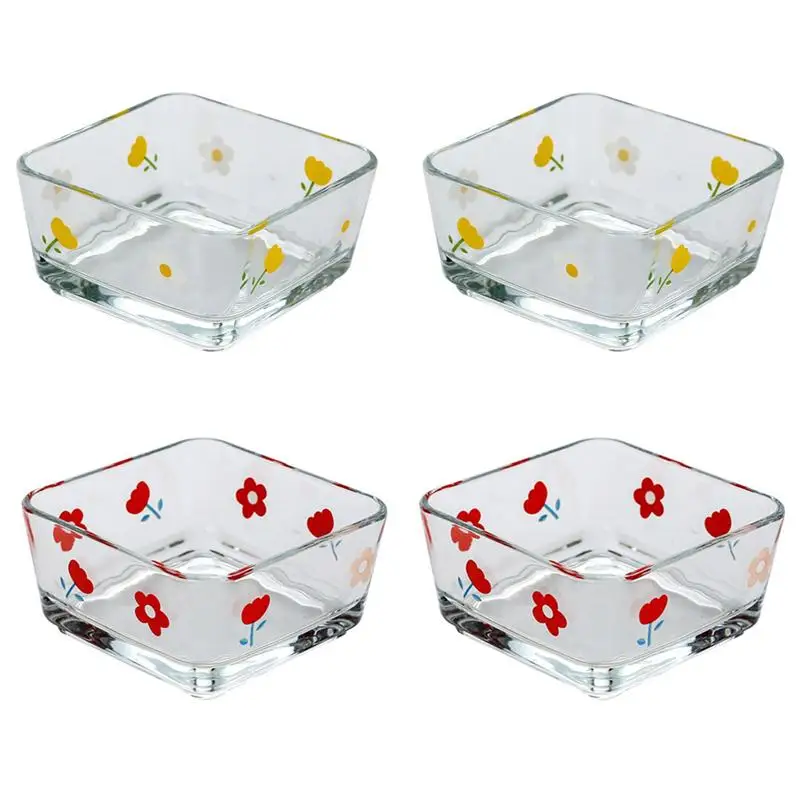 4pcs Glass Bowls Multifunction Salad Bowl Square Fruit Vegetable Bowl Home Kitchen Gadget Eco-Friendly Noodle Snack Dish Plate