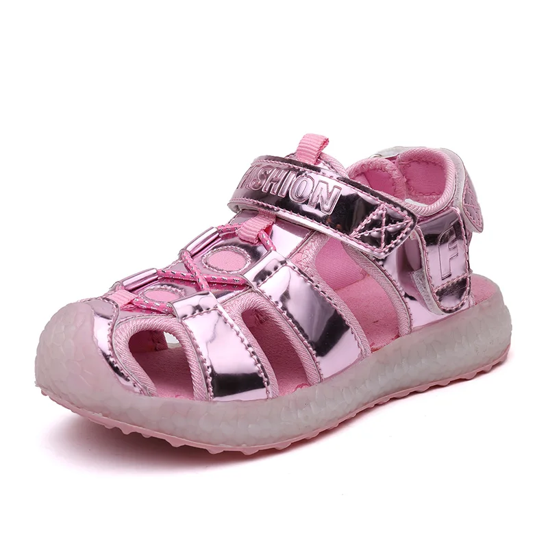 Серебристые летние дети светодиодный светильник сандалии USB зарядки Дети СВЕТОДИОДНЫЙ световой обувь для мальчиков и девочек; удобные пляжные сандалии 26-37 - Цвет: Розовый