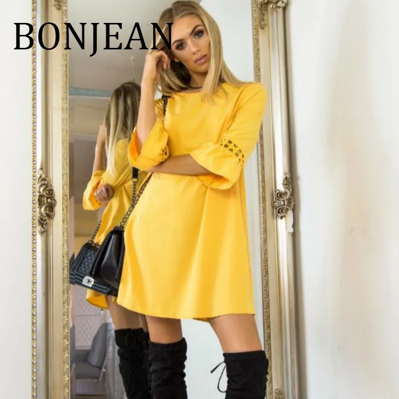 Bonjean ТРАПЕЦИЕВИДНОЕ платье для женщин Robe Femme с расклешенными рукавами желтое мини-платье с рукавом три четверти осенние платья BJ1489