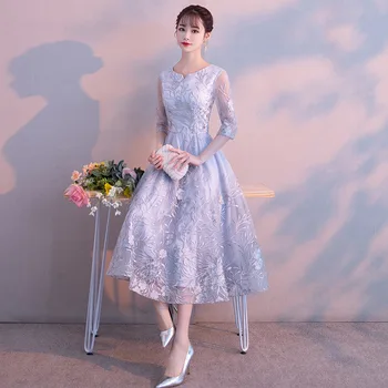 

Gray Womens V-Neck Short Mesh Party Dress Evening Wedding Banquet Elegant Prom Half Sleeve Embroidery Dress Gown Vestido XS-XXL