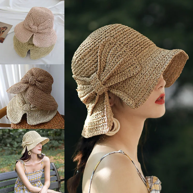 

Drop Shipping Summer Big Brim Hats For Women Beach Panama Straw Dome Bow Bucket Hat Female Gorras Solid Colors 56-58cm