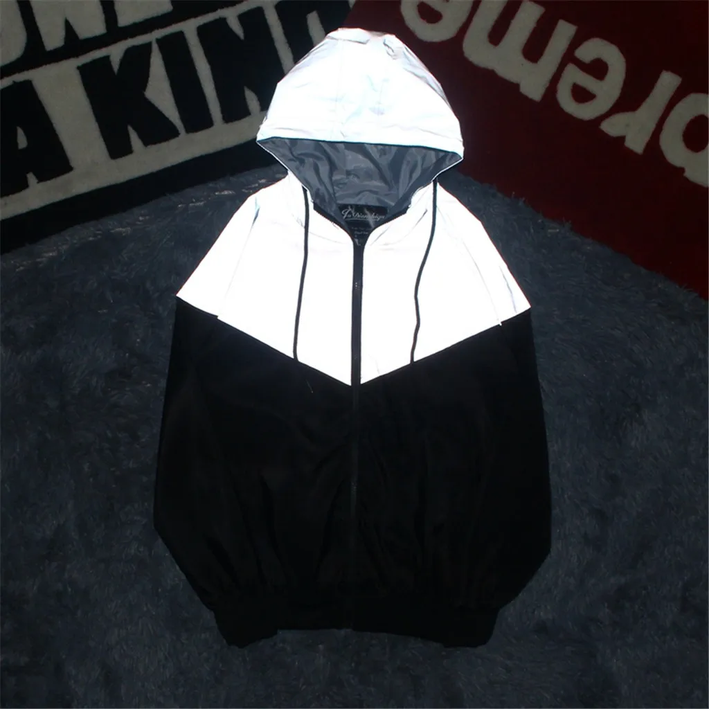 Модная Светоотражающая куртка для мужчин/женщин Harajuku ветровка куртки с капюшоном хип-хоп Уличная куртка Ночная блестящая куртка на молнии