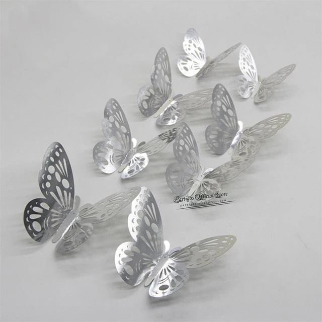 12Pcs 4D Hollow Butterfly Wall Sticker DIY Home Decoration Wall Stickers wedding Party Wedding Decors Butterfly Kids Room Decors silver 3