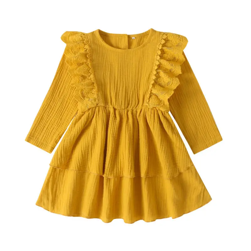 Платье для девочек г. Одежда принцессы для маленьких девочек желтый сарафан с длинными рукавами платье-пачка с оборками для свадебной вечеринки, дня рождения, От 1 до 5 лет