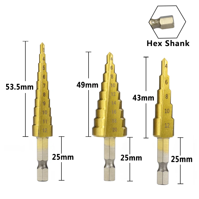 3pcs 3-12mm//4-12mm//4-20mm Hex Shank HSS Steel Straight Slot Hole Step Drill Bits