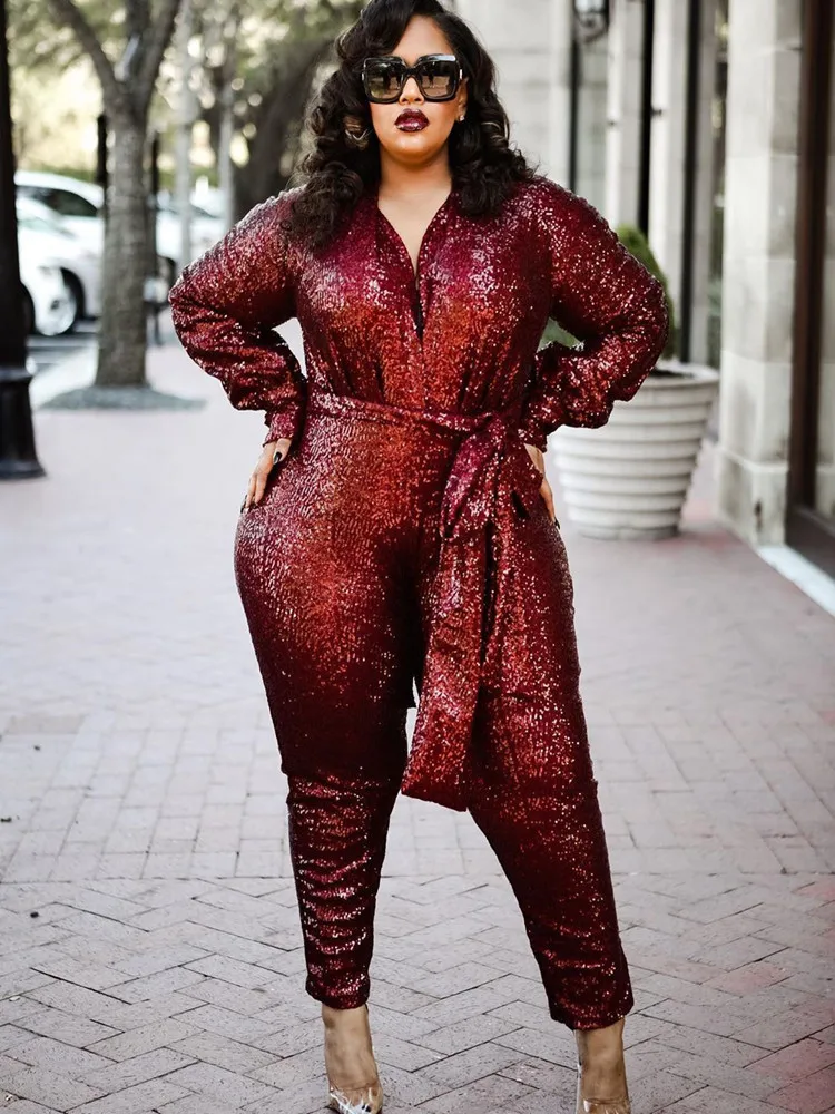 plus size red sequin jumpsuit