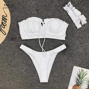 

Sexy Pleating Lace Up Bikini Set Girls Swimsuit Sexy Ruffle Swimwear Women Bathing Suit Female Backless Beachwear Biquinis Mujer