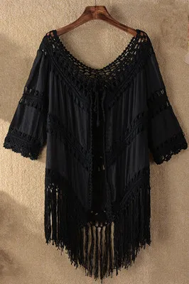 Women's Sexy V-neck Tassel Solid Knit Hollow Sunscreen Bikini Blouse Ladies Retro Cardigan Shirt Beach Sunscreen Clothing