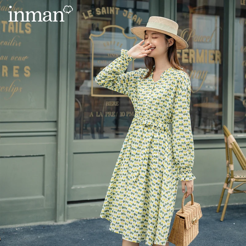 INMAN 2020 Autumn New Arrival Long Sleeve Print Fresh Retro Style Nipped Waist Bow Women Dress INMAN 2020 Autumn New Arrival Long Sleeve Print Fresh Retro Style Nipped Waist Bow Women Dress